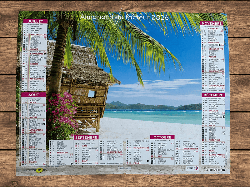 Calendrier Facteur 2026 | Almanach Îles Paradisiaques