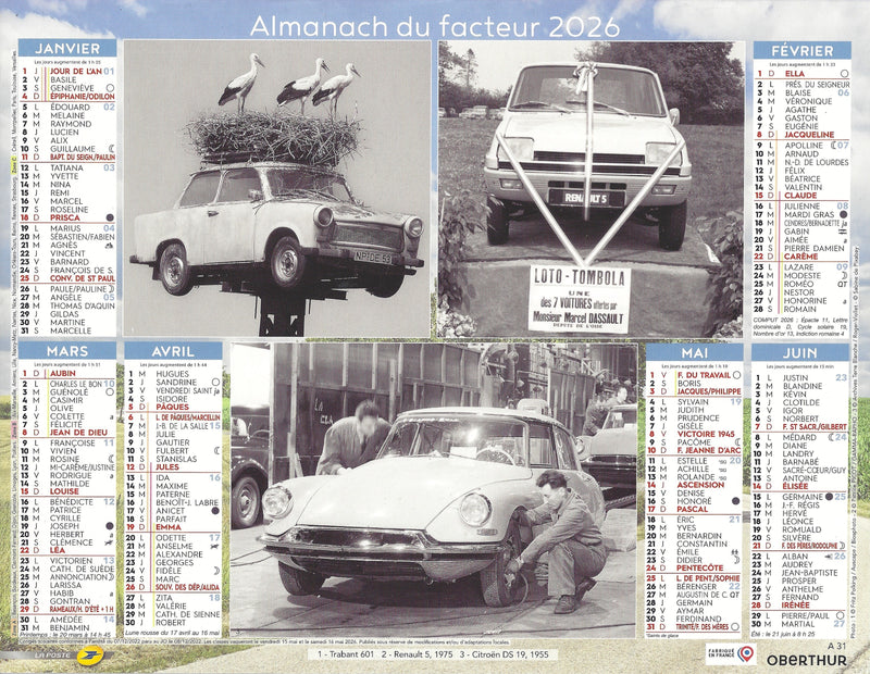 Calendrier du Facteur 2026 - Almanach mural Voitures d’Antan & Scènes rétro