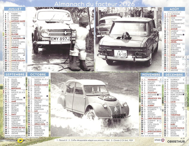 Calendrier du Facteur 2026 - Almanach mural Voitures d’Antan & Scènes rétro