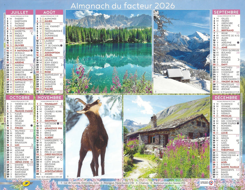 Calendrier du Facteur 2026 | Almanach mural Alpes Sauvages - Aiguille du Midi, marmotte et cascade alpine édition 2026