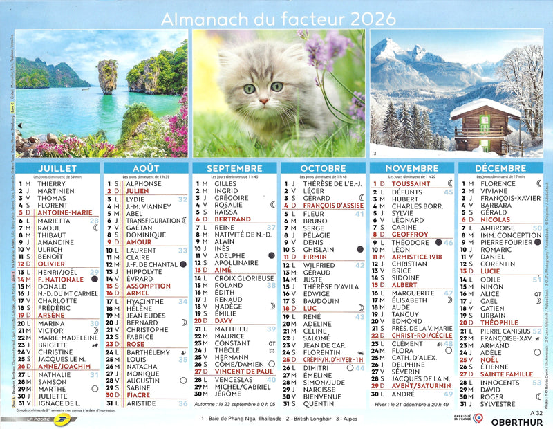 Calendrier du Facteur 2026 | Almanach mural Animaux & Paysages du Monde - Chiots husky, papillon et village provençal édition 2026