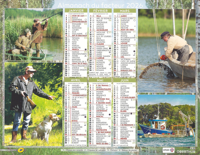 Calendrier du Facteur 2026 | Almanach mural Chasse & Pêche - Fauconnier, pêcheur et épagneul en action édition 2026