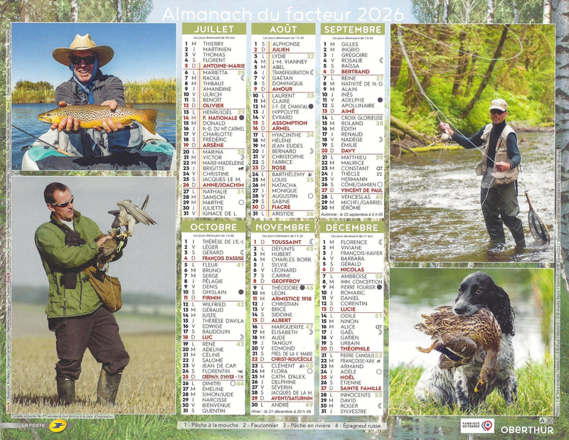 Calendrier du Facteur 2026 | Almanach mural Chasse & Pêche - Chasse au canard, pêcheur et bateau de pêche édition 2026
