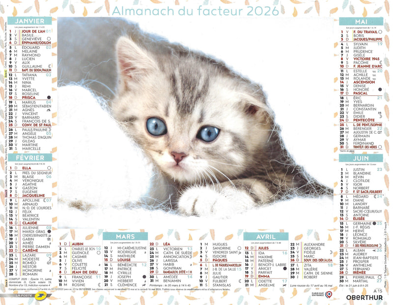Calendrier du Facteur 2026 | Almanach mural Chatons - chaton gris aux yeux bleus édition 2026
