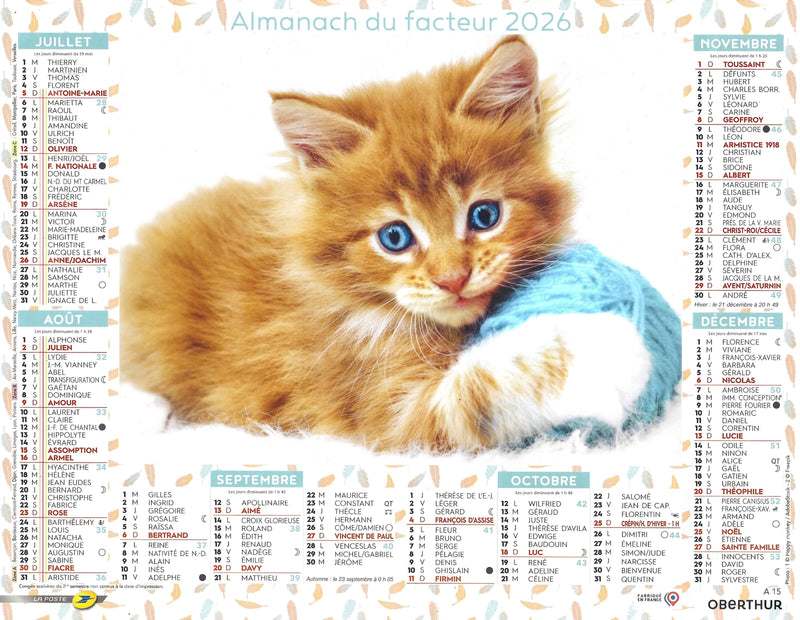 Calendrier du Facteur 2026 | Almanach mural Chatons - chaton roux jouant avec une pelote édition 2026