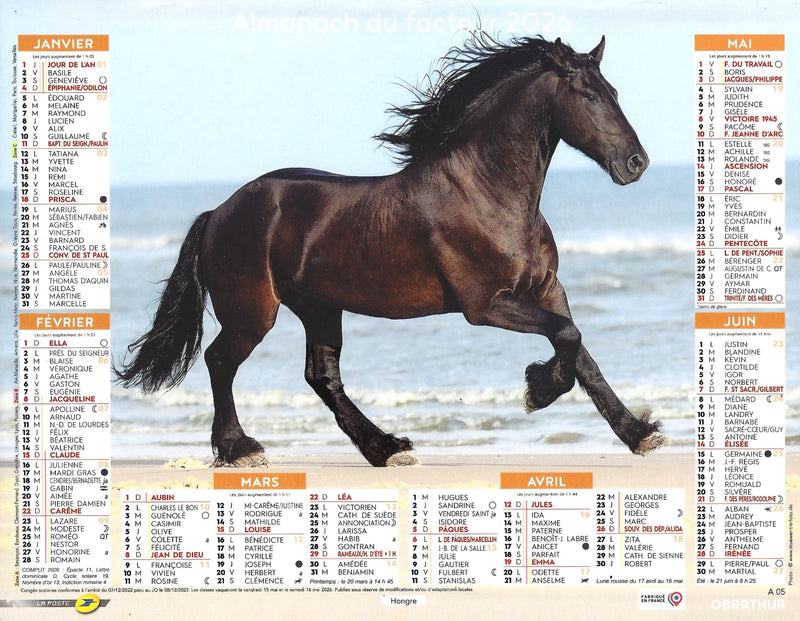 Calendrier du Facteur 2026 | Almanach mural Chevaux & Nature - chevaux Haflingers dans la neige édition 2026