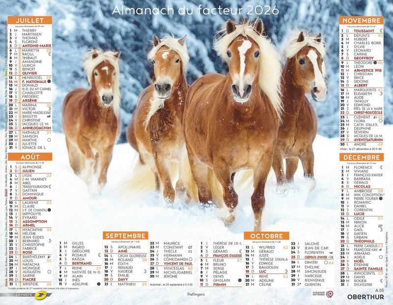 Calendrier du Facteur 2026 | Almanach mural Chevaux & Nature - cheval Frison au galop sur la plage édition 2026