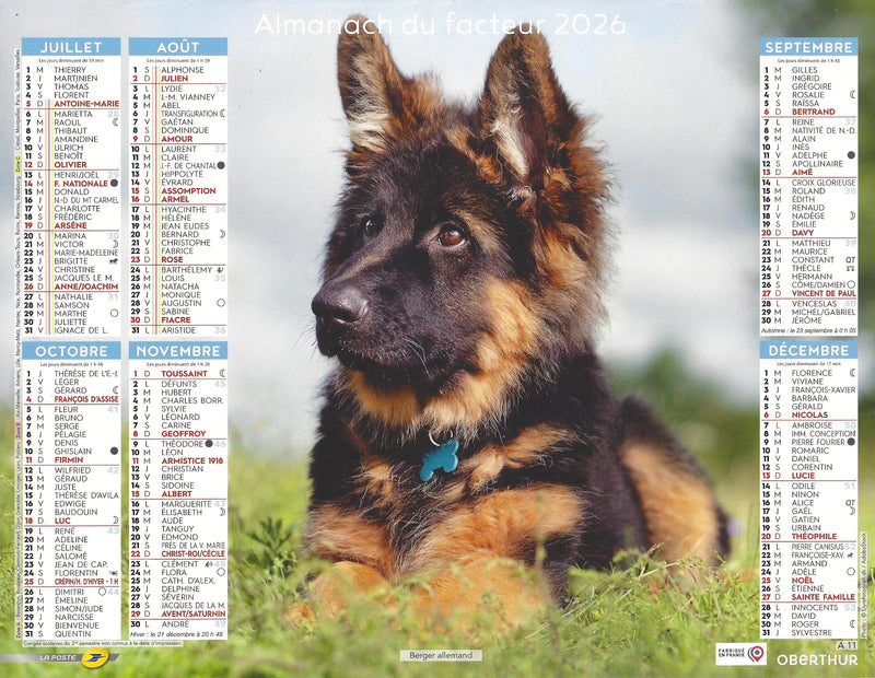 Calendrier du Facteur 2026 | Almanach mural Chiots - chiot Berger Allemand édition 2026