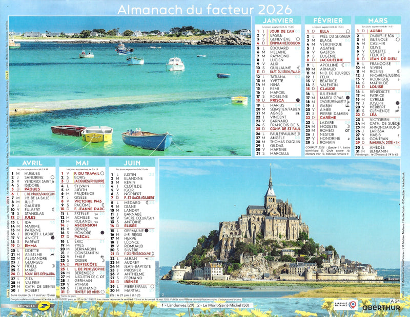 Calendrier du Facteur 2026 | Almanach mural Côtes & Bretagne - Étretat et voilier à Boëdic édition 2026