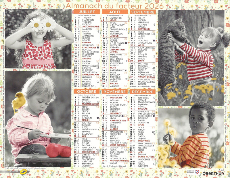 Calendrier du Facteur 2026 | Almanach mural Enfants & Nature - verso de l’édition nature et tendresse 2026