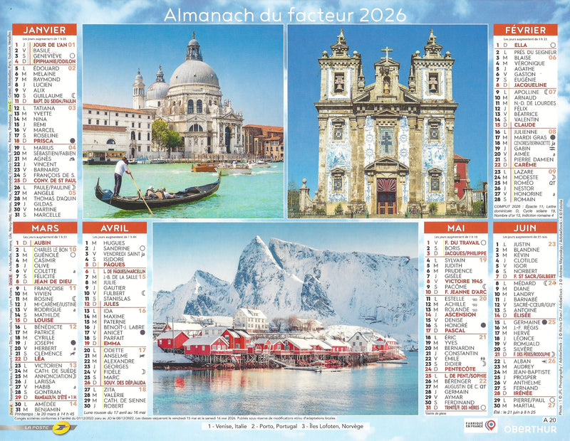 Calendrier du Facteur 2026 | Almanach mural Escapade Européenne - Dubrovnik, Santorin et Lucerne édition 2026
