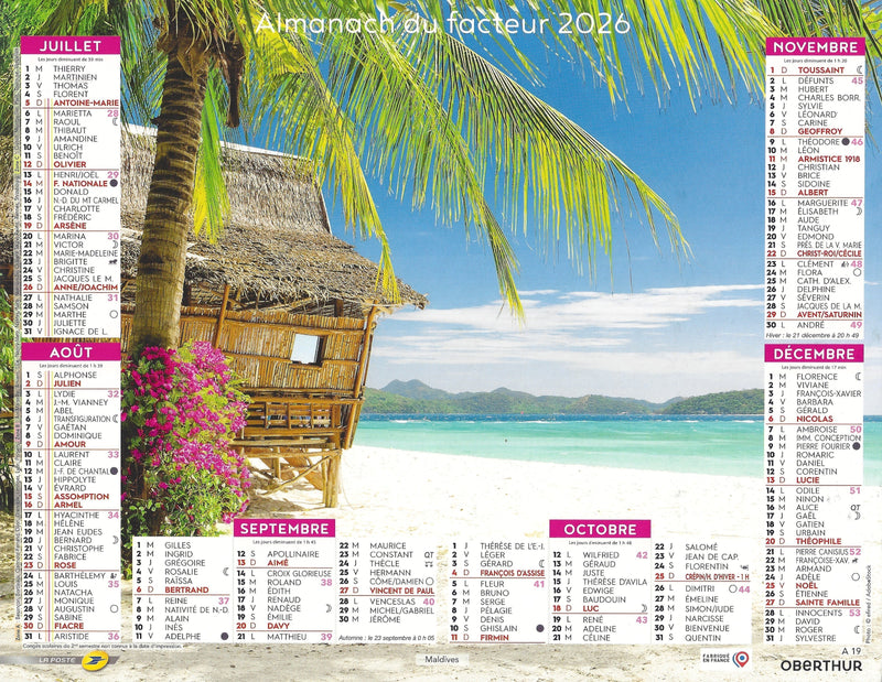 Calendrier du Facteur 2026 | Almanach mural Escapade Tropicale - rocher de Phang Nga en Thaïlande sur mer turquoise édition 2026