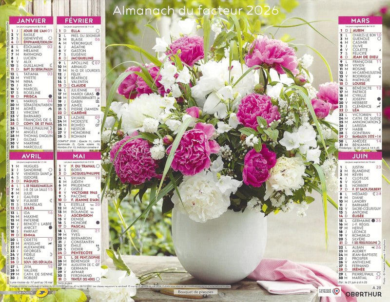 Calendrier du Facteur 2026 | Almanach mural Fleurs & Bouquets de saison - Hortensias et pommes vertes édition 2026