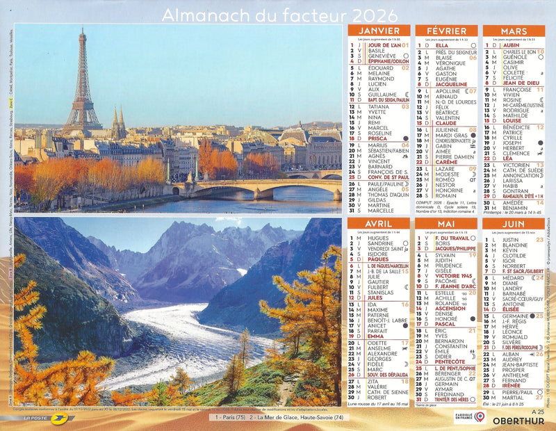 Calendrier du Facteur 2026 | Almanach mural France & Paysages Variés - Baie de Somme et Colorado Provençal édition 2026