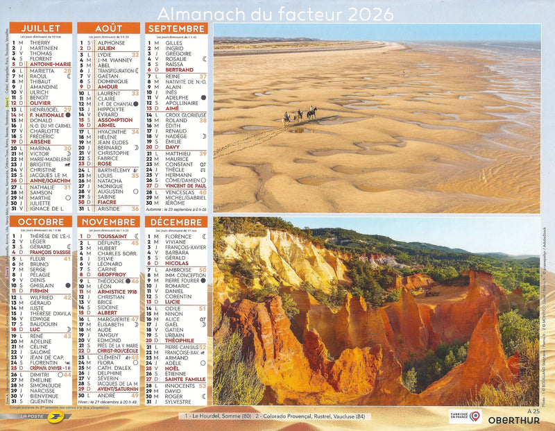 Calendrier du Facteur 2026 | Almanach mural France & Paysages Variés - Paris et Mer de Glace édition 2026