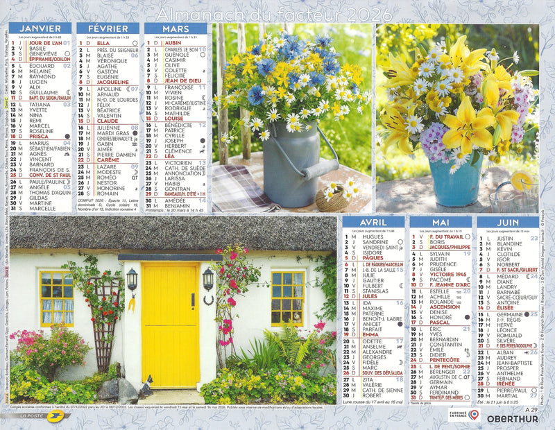 Calendrier du Facteur 2026 | Almanach mural Jardins & Fleurs champêtres - Bouquets de marguerites et table de jardin édition 2026