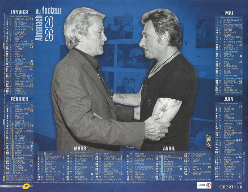 Calendrier du Facteur 2026 | Almanach mural Légendes Françaises - édition hommage à Delon, Belmondo et Hallyday