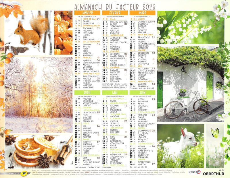 Calendrier du Facteur 2026 | Almanach mural Les 4 Saisons de France - paysages de montagne, mer et vignes édition 2026