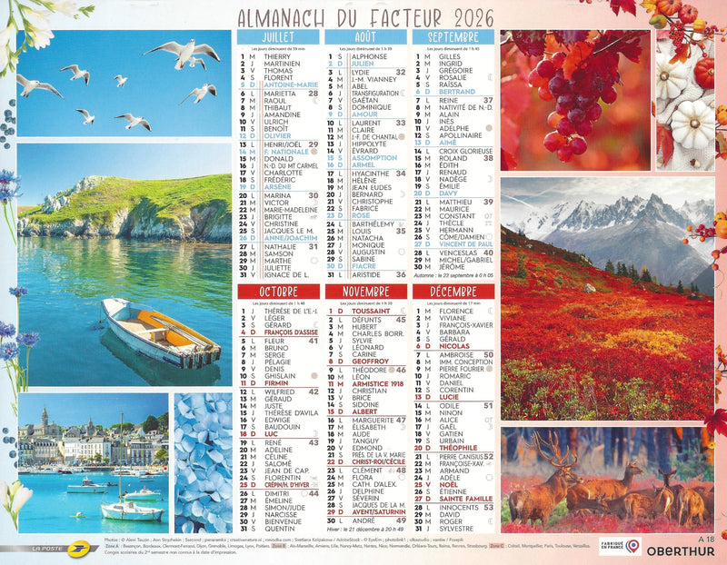 Calendrier du Facteur 2026 | Almanach mural Les 4 Saisons de France - nature printanière et hivernale édition 2026