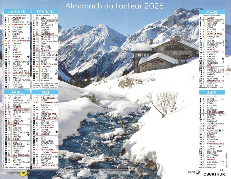 Calendrier du Facteur 2026 | Almanach mural Montagne & Nature - chalet enneigé à Pralognan-la-Vanoise en Savoie édition 2026