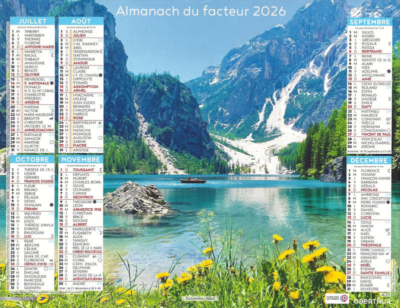 Calendrier du Facteur 2026 | Almanach mural Montagne & Nature - lac alpin dans les Dolomites italiennes édition 2026