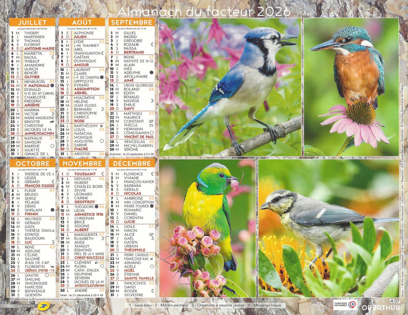 Calendrier du Facteur 2026 | Almanach mural Oiseaux du Jardin - verso édition nature et faune 2026