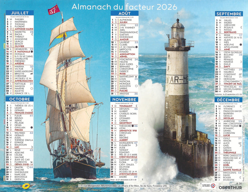 Calendrier du Facteur 2026 | Phares bretons et grands voiliers - almanach mural décoratif 2026