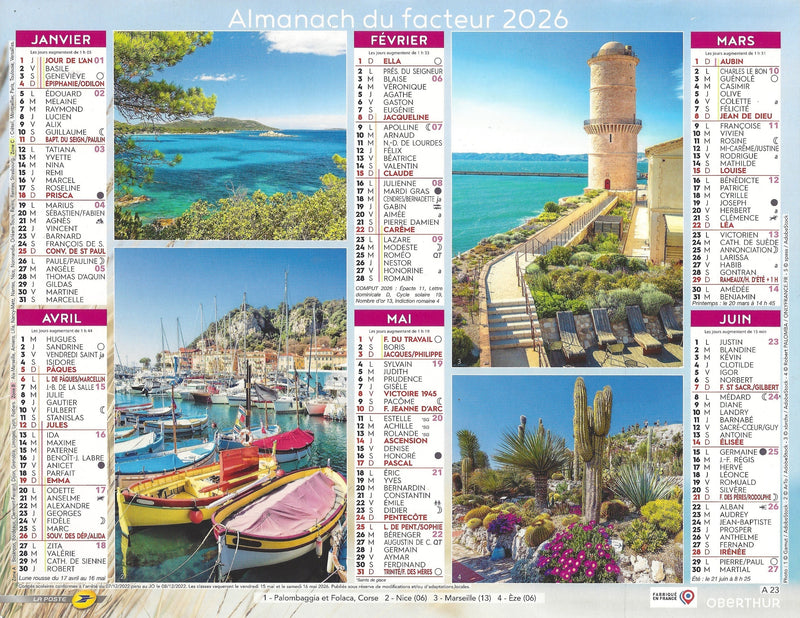 Calendrier du Facteur 2026 | Almanach mural Sud & Méditerranée - Cargèse, Palombaggia, Calanques et villages fleuris édition 2026