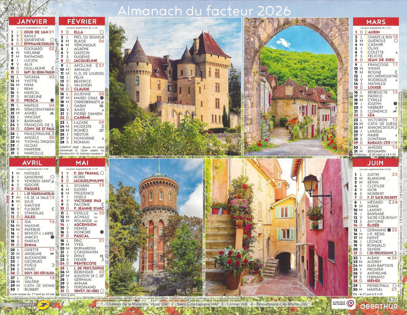 Calendrier du Facteur 2026 | Almanach mural Villages & Patrimoine de France - Cahors, moulin de Kercousquet et Clohars-Carnoët édition 2026