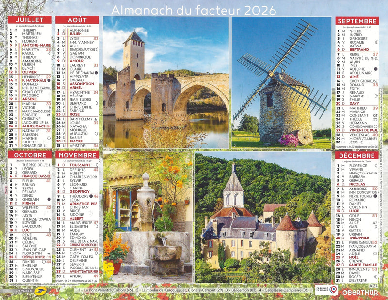 Calendrier du Facteur 2026 | Almanach mural Villages & Patrimoine de France - Château de la Malartrie, Colmar et Saint-Cirq-Lapopie édition 2026