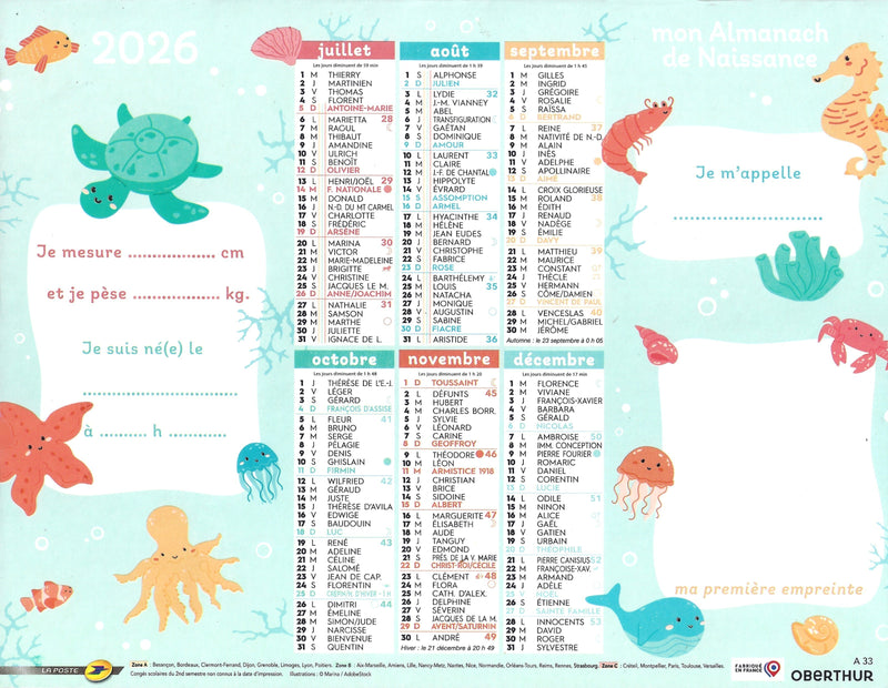 Calendrier du Facteur 2026 | Mon Almanach de Naissance - animaux marins et espaces à personnaliser pour bébé