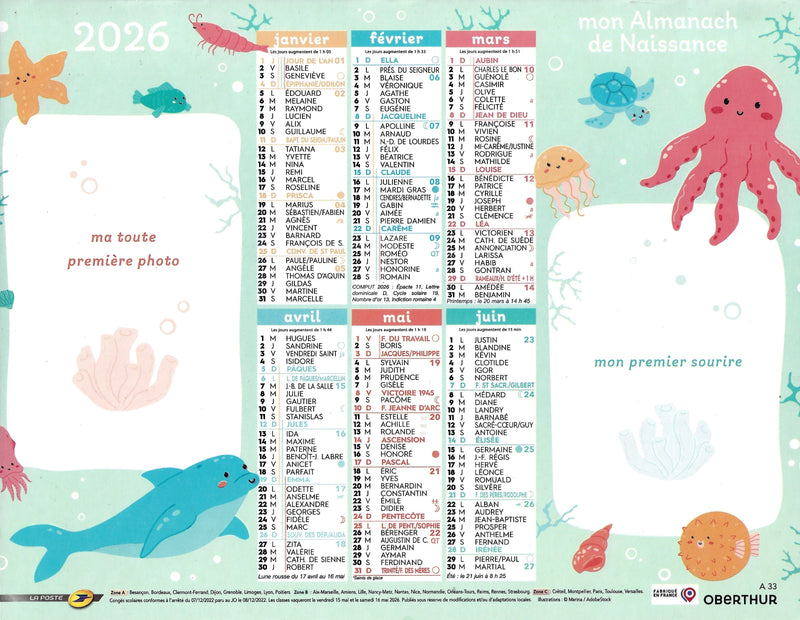 Calendrier du Facteur 2026 | Mon Almanach de Naissance - décor marin avec dauphin et pieuvre